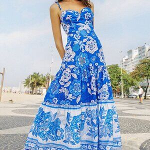 Blue Full Of Flowers Organic Cotton Midi Dress